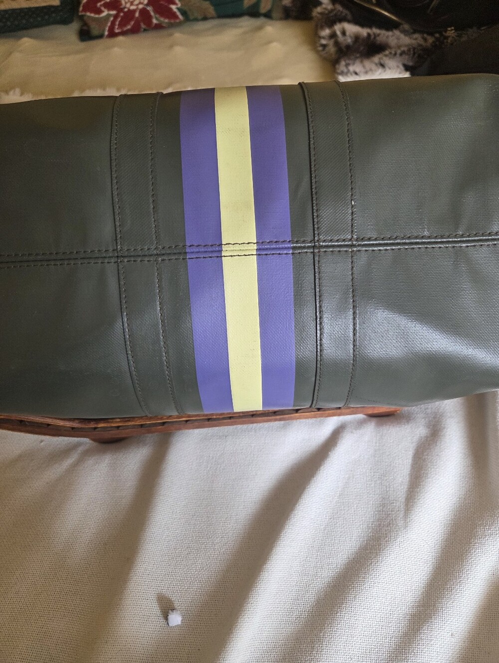 Club Monaco Olive Green Duffel with Blue and Yellow Center Stripe - Picture 4 of 7
